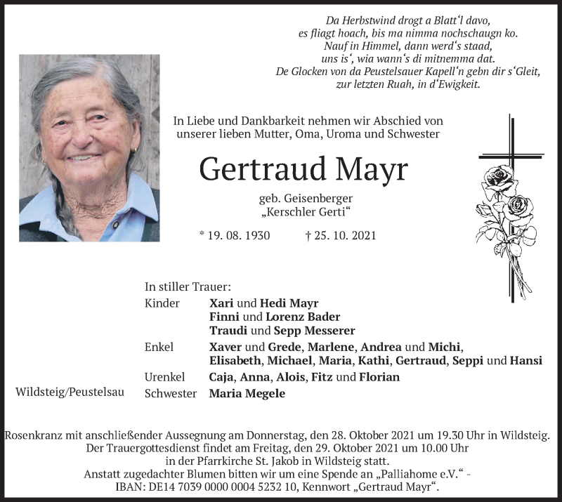  Traueranzeige für Gertraud Mayr vom 27.10.2021 aus merkurtz