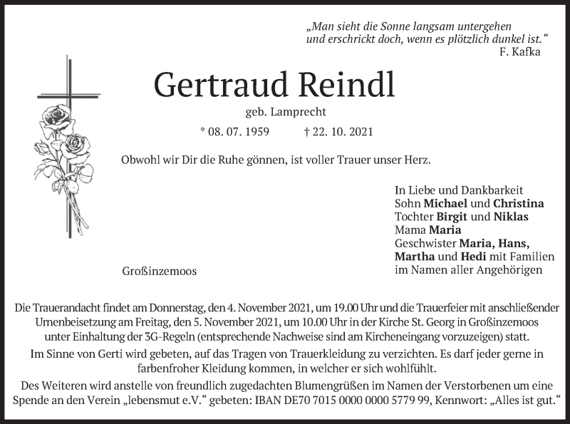  Traueranzeige für Gertraud Reindl vom 30.10.2021 aus merkurtz