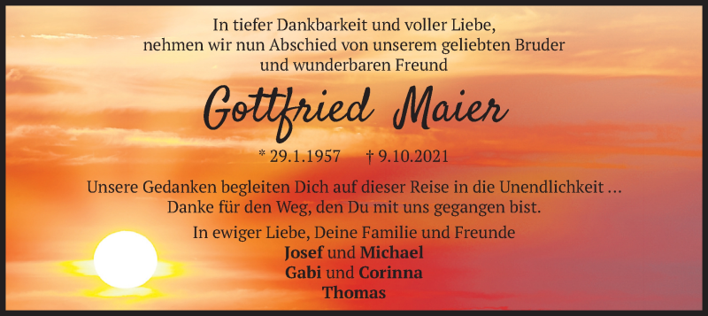  Traueranzeige für Gottfried Maier vom 26.10.2021 aus merkurtz
