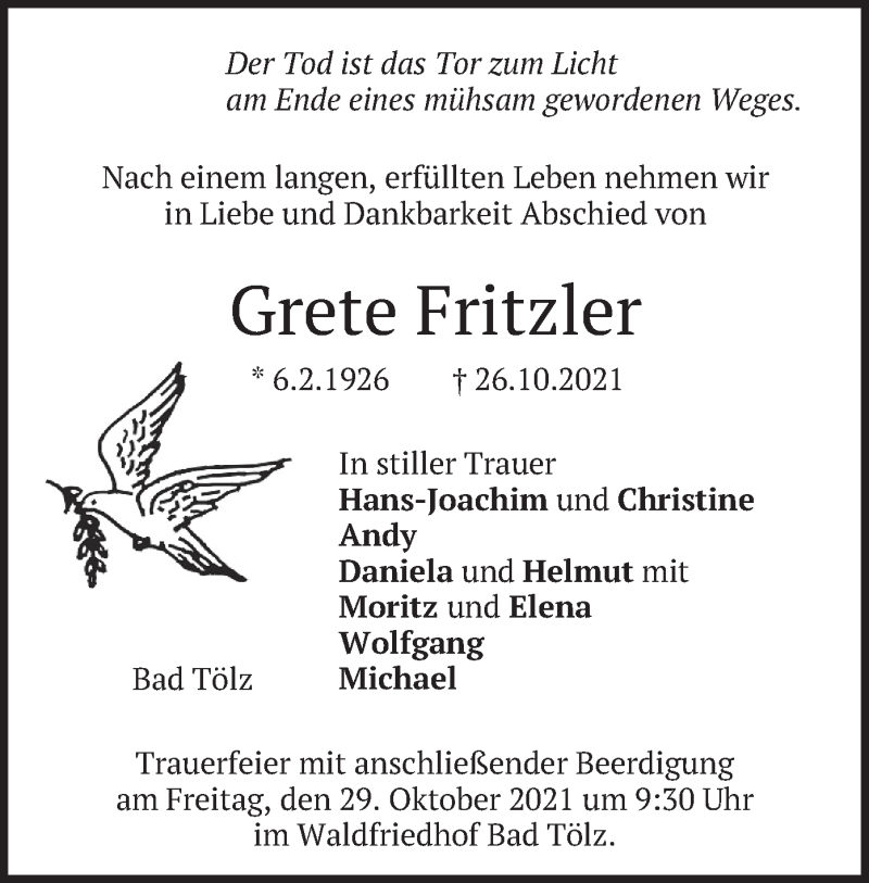  Traueranzeige für Grete Fritzler vom 28.10.2021 aus merkurtz