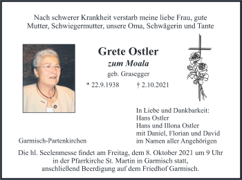 Traueranzeige von Grete Ostler von merkurtz