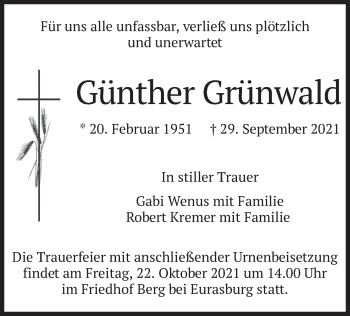 Traueranzeige von Günther Grünwald von merkurtz