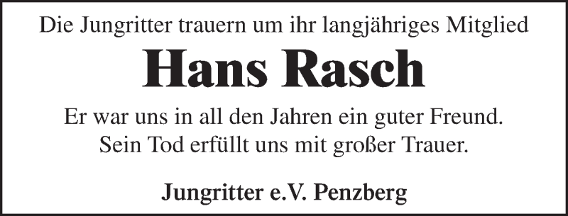  Traueranzeige für Hans Rasch vom 13.10.2021 aus Das Gelbe Blatt Penzberg
