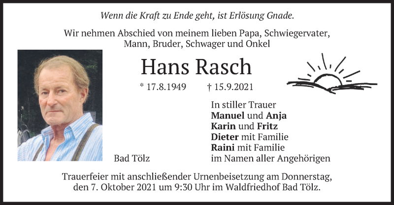  Traueranzeige für Hans Rasch vom 05.10.2021 aus merkurtz