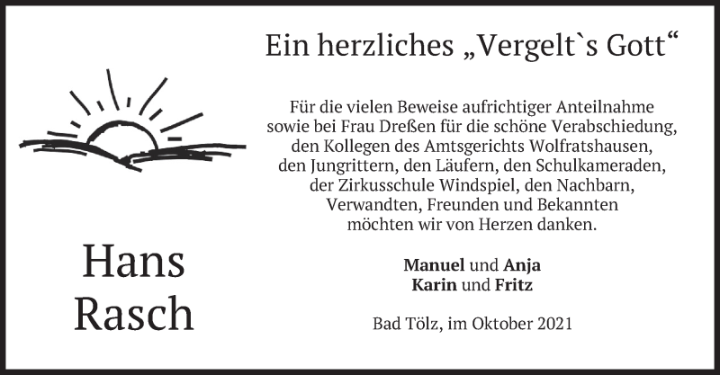  Traueranzeige für Hans Rasch vom 09.10.2021 aus merkurtz