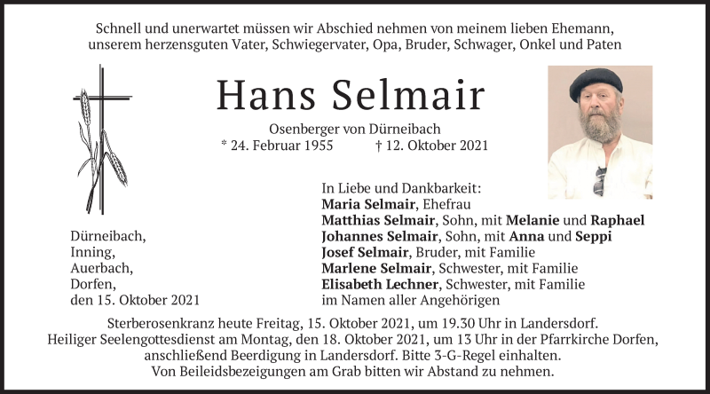  Traueranzeige für Hans Selmair vom 15.10.2021 aus merkurtz