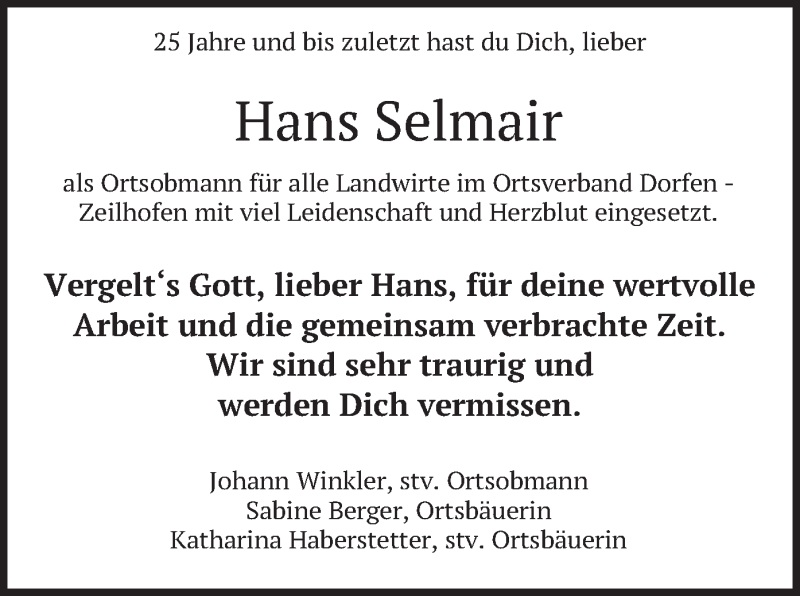  Traueranzeige für Hans Selmair vom 16.10.2021 aus merkurtz