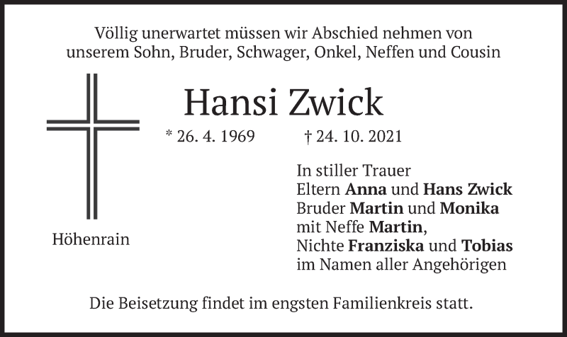  Traueranzeige für Hansi Zwick vom 27.10.2021 aus merkurtz