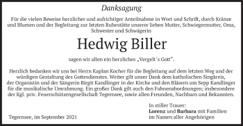 Traueranzeige von Hedwig Biller von merkurtz