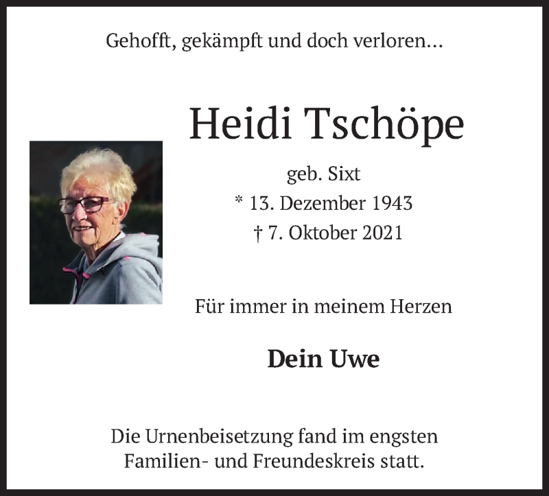  Traueranzeige für Heidi Tschöpe vom 30.10.2021 aus merkurtz