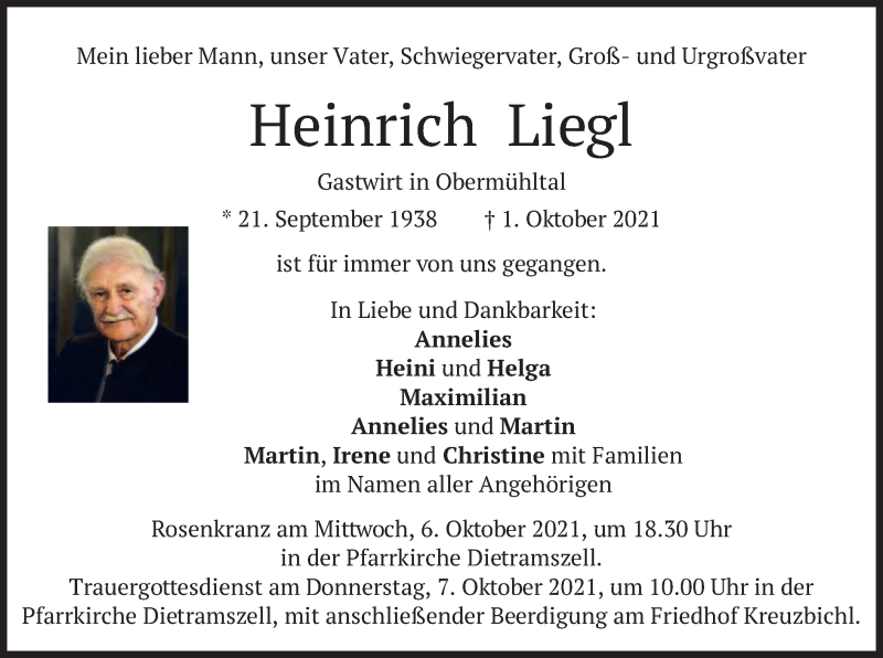  Traueranzeige für Heinrich Liegl vom 05.10.2021 aus merkurtz