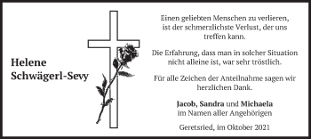 Traueranzeige von Helene Schwägerl-Sevy von merkurtz
