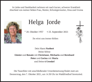 Traueranzeige von Helga Jorde von merkurtz