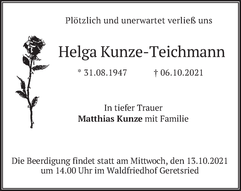  Traueranzeige für Helga Kunze-Teichmann vom 09.10.2021 aus merkurtz