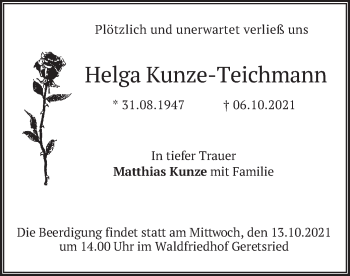 Traueranzeige von Helga Kunze-Teichmann von merkurtz