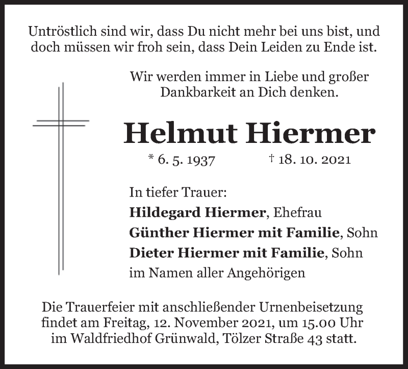 Traueranzeige für Helmut Hiermer vom 23.10.2021 aus merkurtz