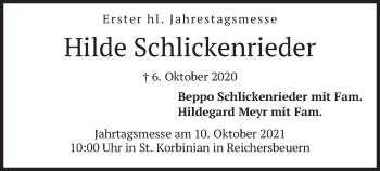 Traueranzeige von Hilde Schlickenrieder von merkurtz
