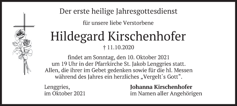  Traueranzeige für Hildegard Kirschenhofer vom 08.10.2021 aus merkurtz