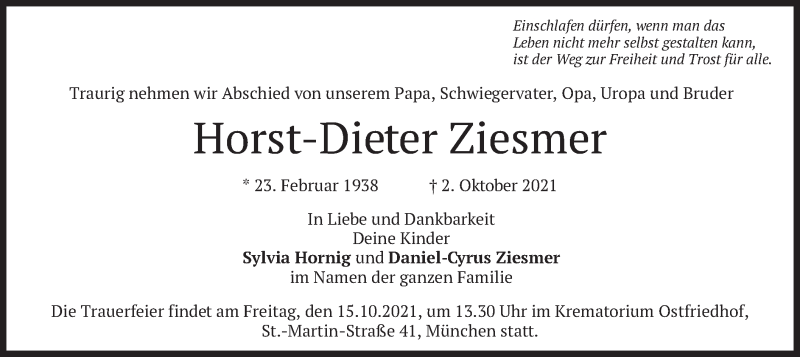  Traueranzeige für Horst-Dieter Ziesmer vom 09.10.2021 aus merkurtz