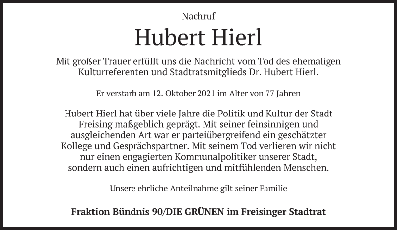  Traueranzeige für Hubert Hierl vom 18.10.2021 aus merkurtz