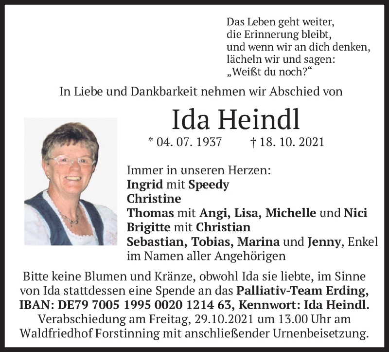  Traueranzeige für Ida Heindl vom 27.10.2021 aus merkurtz