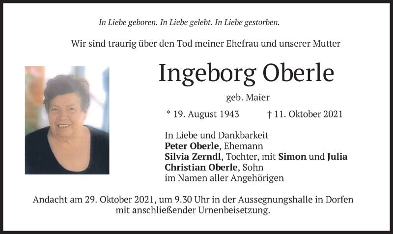  Traueranzeige für Ingeborg Oberle vom 28.10.2021 aus merkurtz
