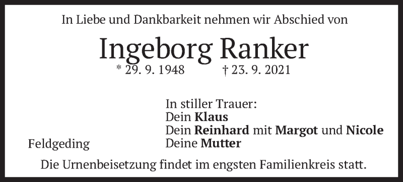  Traueranzeige für Ingeborg Ranker vom 02.10.2021 aus merkurtz