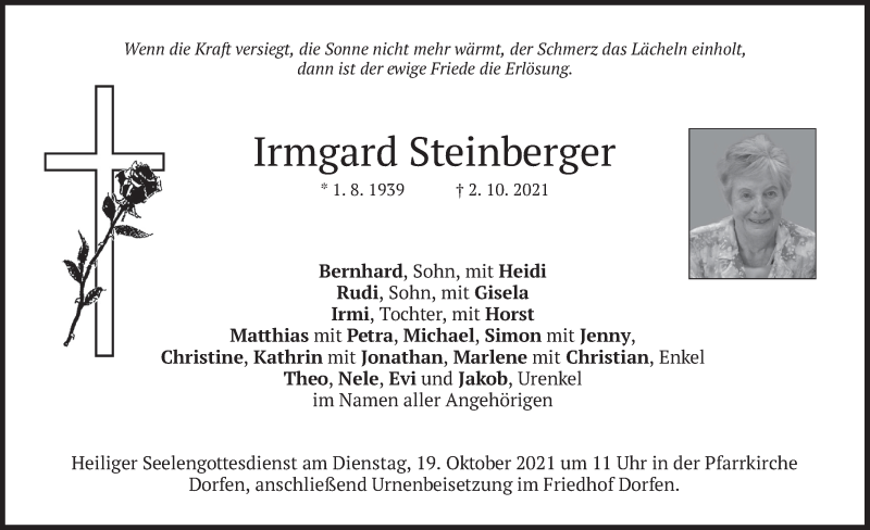 Traueranzeige für Irmgard Steinberger vom 14.10.2021 aus merkurtz