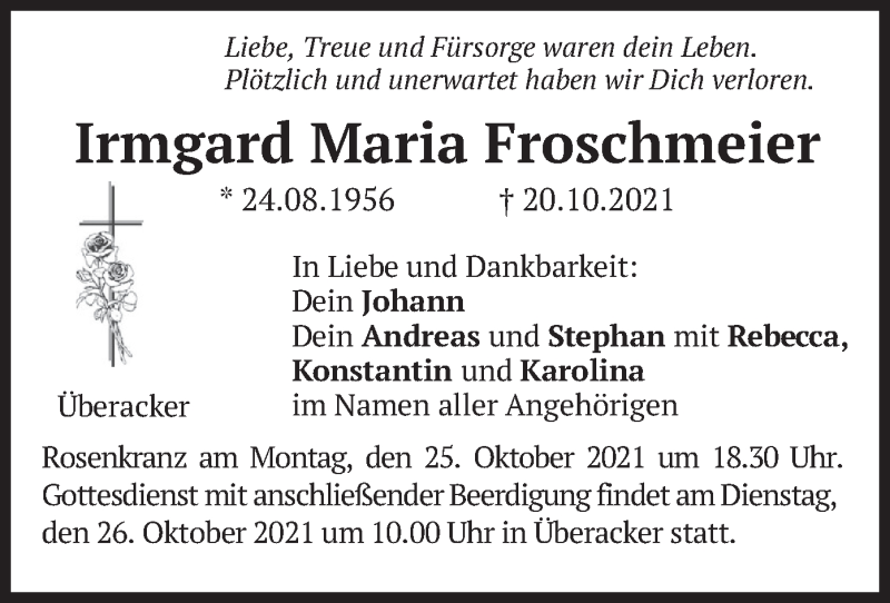  Traueranzeige für Irmgard Maria Froschmeier vom 23.10.2021 aus merkurtz