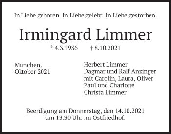 Traueranzeige von Irmingard Limmer von merkurtz