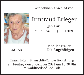 Traueranzeige von Irmtraud Brieger von merkurtz
