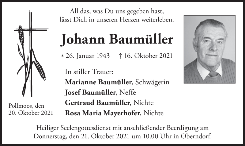  Traueranzeige für Johann Baumüller vom 20.10.2021 aus merkurtz
