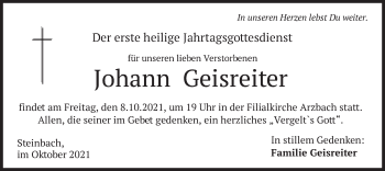 Traueranzeige von Johann Geisreiter von merkurtz