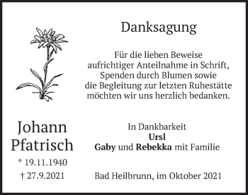 Traueranzeige von Johann Pfatrisch von merkurtz