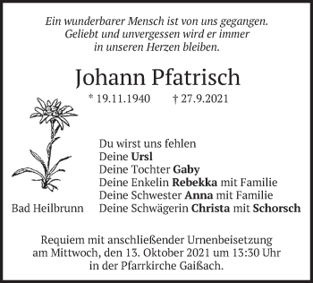 Traueranzeige von Johann Pfatrisch von merkurtz