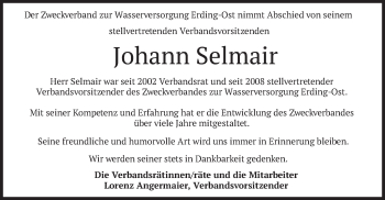 Traueranzeige von Johann Selmair von merkurtz