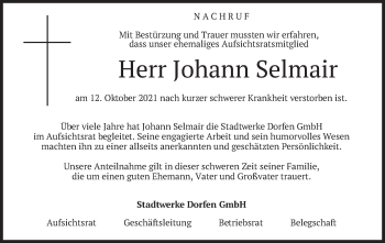 Traueranzeige von Johann Selmair von merkurtz