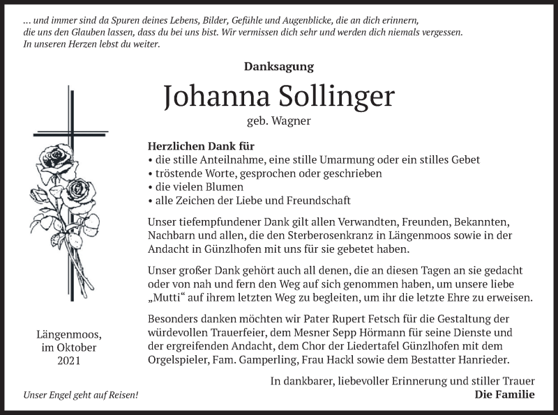  Traueranzeige für Johanna Sollinger vom 02.10.2021 aus merkurtz