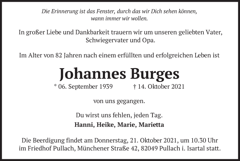  Traueranzeige für Johannes Burges vom 16.10.2021 aus merkurtz