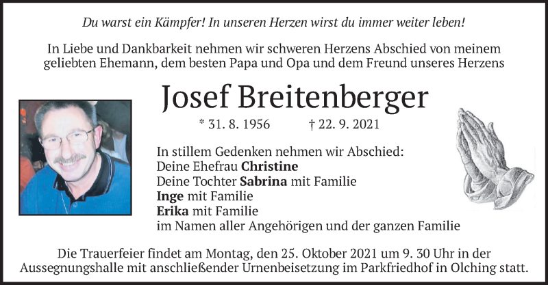  Traueranzeige für Josef Breitenberger vom 09.10.2021 aus merkurtz