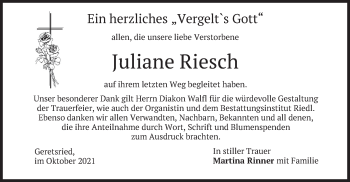 Traueranzeige von Juliane Riesch von merkurtz