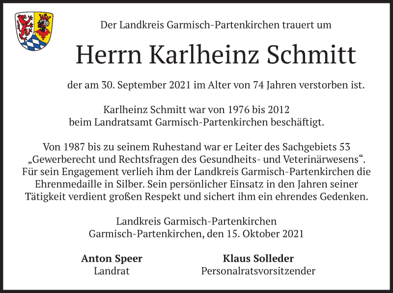  Traueranzeige für Karlheinz Schmitt vom 15.10.2021 aus merkurtz