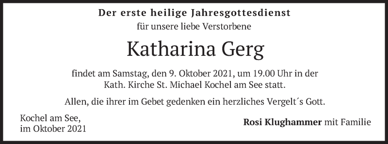  Traueranzeige für Katharina Gerg vom 08.10.2021 aus merkurtz