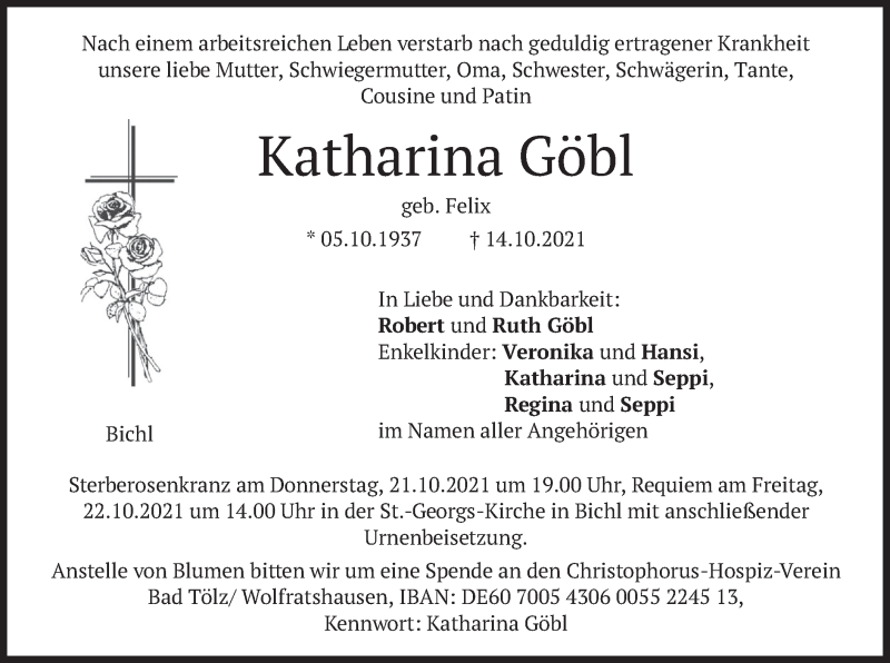  Traueranzeige für Katharina Göbl vom 19.10.2021 aus merkurtz