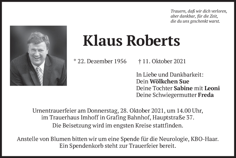  Traueranzeige für Klaus Roberts vom 22.10.2021 aus merkurtz
