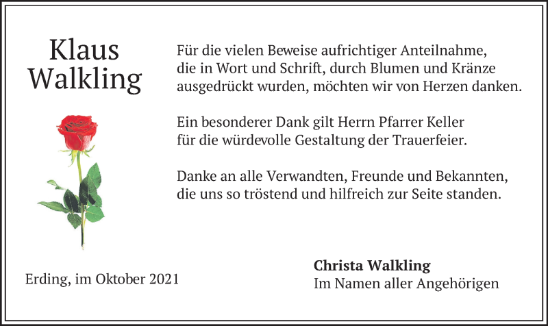  Traueranzeige für Klaus Walkling vom 23.10.2021 aus merkurtz