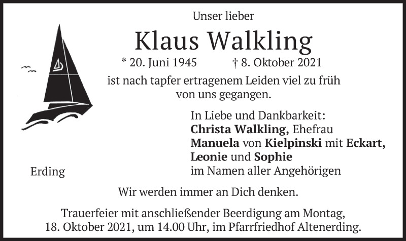  Traueranzeige für Klaus Walkling vom 14.10.2021 aus merkurtz