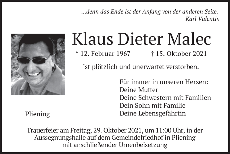  Traueranzeige für Klaus Dieter Malec vom 23.10.2021 aus merkurtz