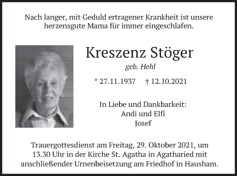  Traueranzeige für Kreszenz Stöger vom 27.10.2021 aus merkurtz