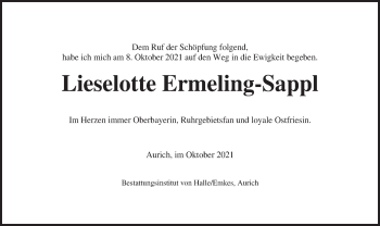 Traueranzeige von Lieselotte Ermeling-Sappl von merkurtz